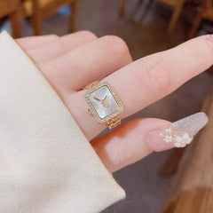Luxury Rectangular Watch Gold Plated Pearl Alloy Fancy Ring For Women