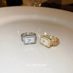 Luxury Rectangular Watch Gold Plated Pearl Alloy Fancy Ring For Women