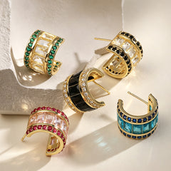 Designer Chunky Huggie Hoop Gold Plated CZ Crystal Copper Earrings