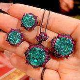 Rose Crystal Green Pink Black Pendant Earring Ring Set For Women