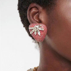 Strawberry Heart 18K Gold Red Cubic Zirconia Stud Earring For Women