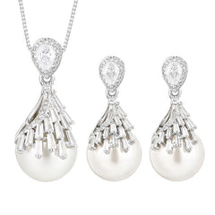 Drop White Silver Pearl Cubic Zirconia Necklace Earring Set For Women