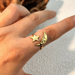Crescent moon 18K Gold Plated Silver Anti Tarnish Free Size Ring For Women