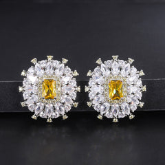 Flower Rectangle Yellow Gemstone Silver Cubic Zirconia Necklace Earring Ring Set For Women