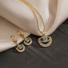 Moon Evil Eye 18K Gold CZ Anti Tarnish Pendant Chain Earring Set