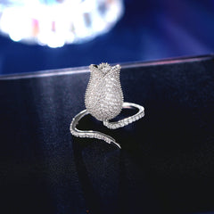 Tulip 18K Gold Plated Blue White Black Purple Sparkling Pave Crystals Anti Tarnished Free Size Ring For Women