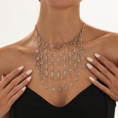 Multi-Layer Waterfall Gold Plated Rhinestone Fringe Necklace For Women