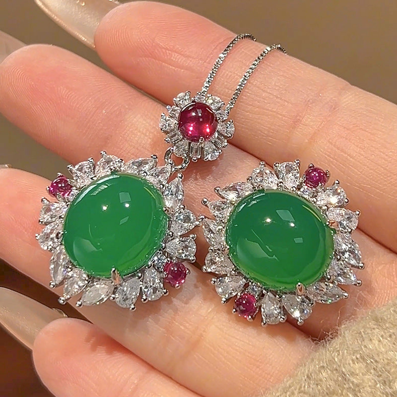 Simulation Green Cubic Zirconia Silver Anti Tarnish Necklace Ring Set For Women