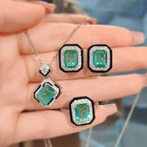 Emerald Green Black Silver Cubic Zirconia Anti Tarnish Pendant Chain Earring Ring Set For Women