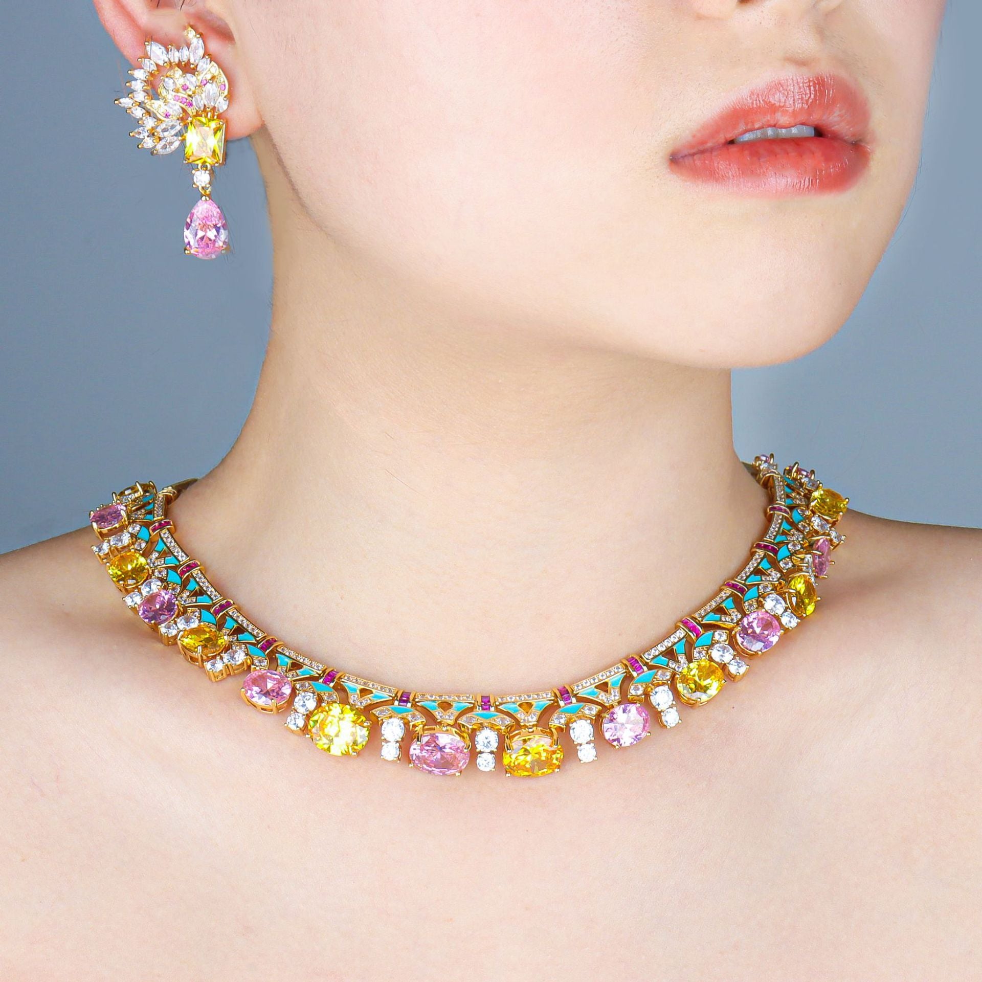 Elegant Gold Tone Pink Yellow White CZ Copper Necklace Earring Set