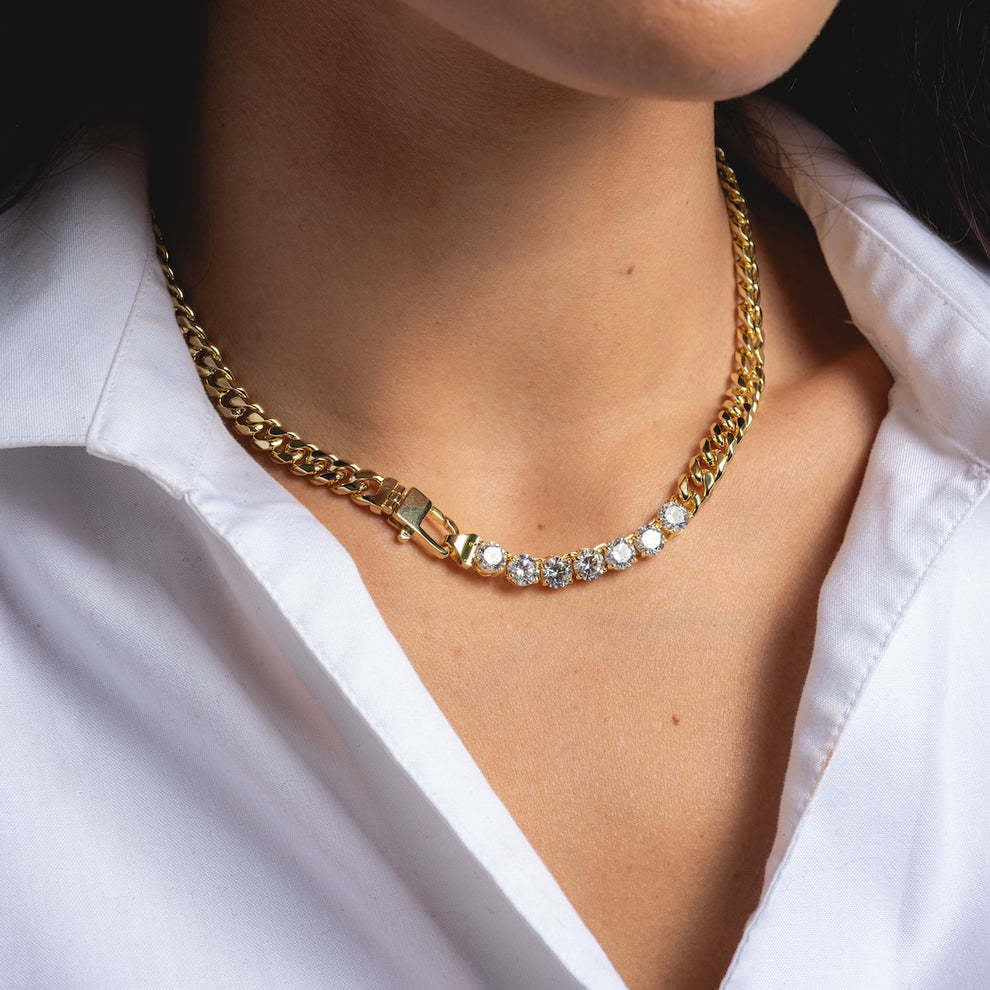Gold Cuban link Cubic Zirconia Anti Tarnish Copper Necklace