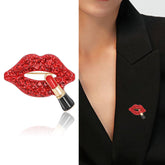 Red Lips & Lipstick Gold Plated Rhinestone Brooch For Women