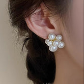 White Floral Bubble Gold Pearl Stud Earrings For Women