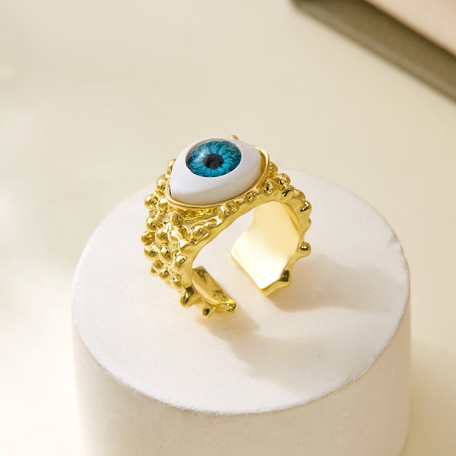 Evil Eye 18K Gold Blue Anti Tarnish Adjustable Band Ring For Women