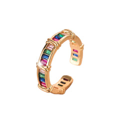 Multi Color Baguette Open Gold Plated CZ Copper Fancy Ring For Women