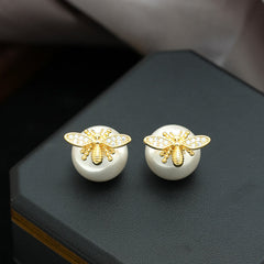 Little Honeybee Pearl Cubic Zirconia Gold Silver Stud Earring For Women