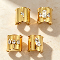 Designer Wide Band Gold Plated CZ Stainless Steel Anti Tarnish Fancy Ring