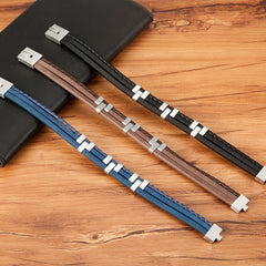 Layer Black Brown Blue Silver Leather Stainless Steel Bracelet For Men
