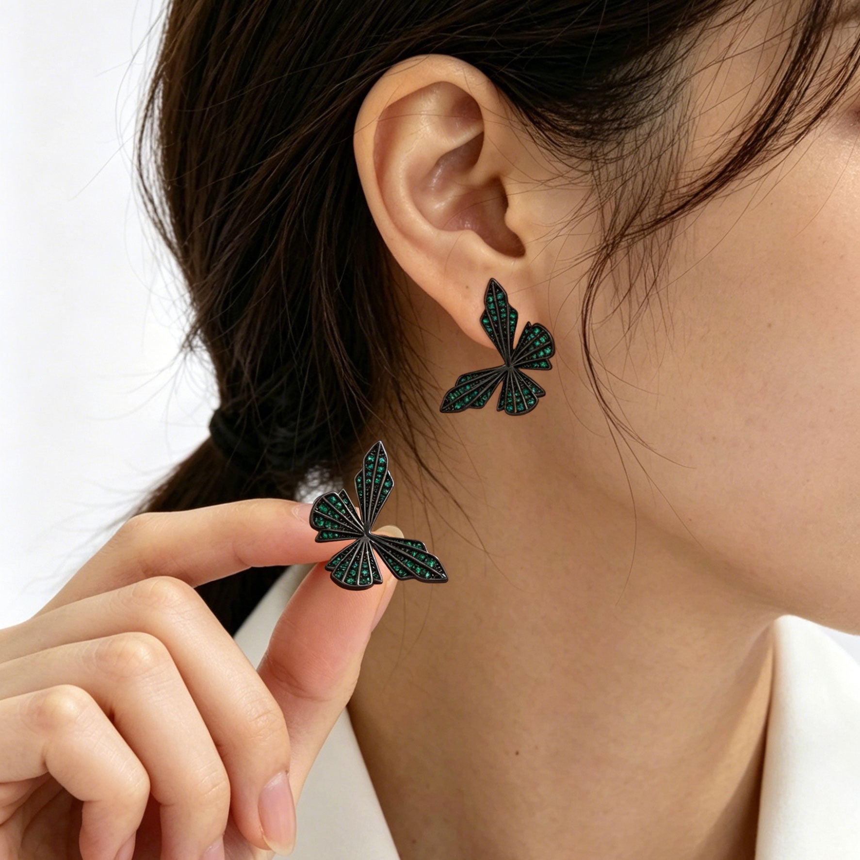 Modern Geometric Butterfly Wings Black Green CZ Copper Stud Earrings