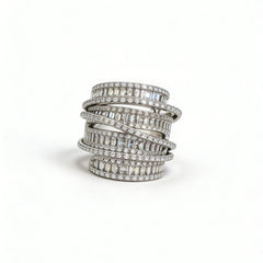 Multi Layer Baguette Silver Plated CZ Copper Adjustable Cocktail Ring