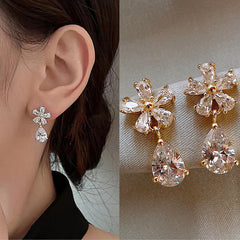 Gold Silver Flower Cubic Zirconia Dangler Earrings For Women