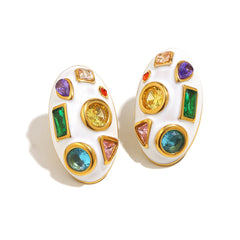 Heart Oval 18K Gold Cubic Zirconia Enamel Stainless Steel Stud Earring Pair Women