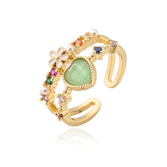 Green Pink White Heart Flower Gold CZ Adjustable Fancy Ring