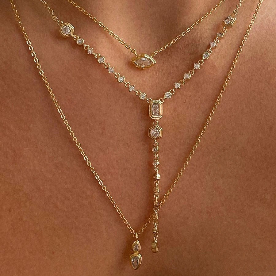 Dual Drop Solitaire Cubic Zirconia 18K Gold Anti Tarnish Necklace Pendant Chain For Women