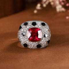 Square Black Red Solitaire Cubic Zirconia Silver Anti Tarnish Free Size Ring For Women