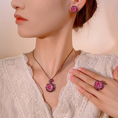 Rose Crystal Green Pink Black Pendant Earring Ring Set For Women