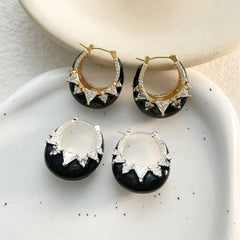 Solitaire Enamel Black 18K Gold Silver Anti Tarnish Hoop Earring