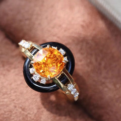 Round Yellow Black Cubic Zirconia 18K Gold Anti Tarnish Free Size Ring For Women