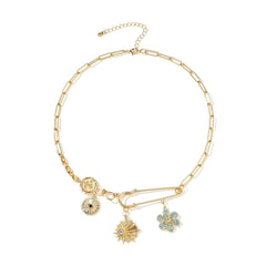 Safety Pin Flower 18K Gold CZ Anti Tarnish Charm Necklace Chain