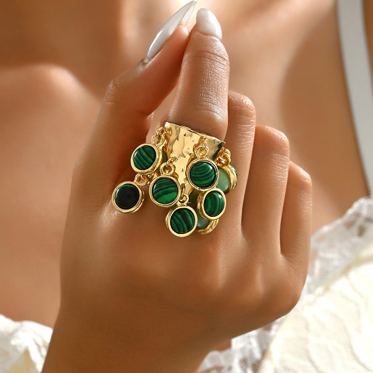 Hanging Charm Green Gold Anti Tarnish Free Size Band Ring For Women