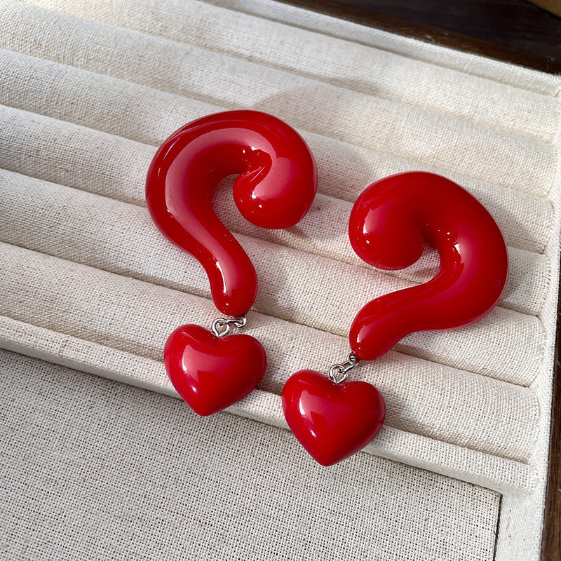 Question Mark Heart Enamel 18K Gold Red Black Anti Tarnish Dangler Drop Earring For Women