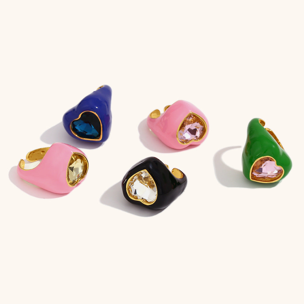 Heart Enamel 18K Gold Stainless steel Anti Tarnish Adjustable Ring For Women