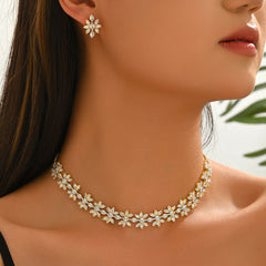 Luxury White Floral Gold CZ Anti TarnishCopper Necklace Earring Set