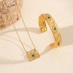 Green Evil Eye Gold Plated CZ Stainless Steel Necklace & Cuff Bracelet
