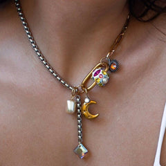 Star Moon Two Tone 18K Gold Silver Black Crystal Charm Stainless Steel Anti Tarnish Necklace Chain For Women