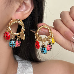 Designer Multi Color Enamel Gold Plated Ladybug Charm Hoop Earrings