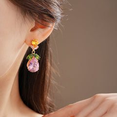 Drop Leaf Solitaire Crystal Pink Orange Anti Tarnish Necklace Earring Set For Women Group1