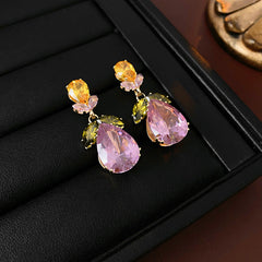 Drop Leaf Solitaire Crystal Pink Orange Anti Tarnish Necklace Earring Set For Women Group1