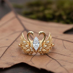 Gold Twin Swan Cubic Zirconia Copper Size Ring For Women