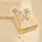 White Floral Daisy Style Gold Enamel Stainless Steel Drop Earrings