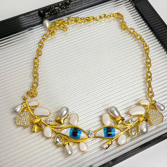 Evil Eye Leaf 18K Gold Cubic Zirconia Enamel Pearl Necklace Earring Set For Women