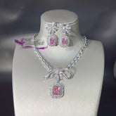 Emerald Cut CZ Bow Silver Plated Copper Necklace Combo Set For Women