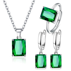 Rectangle Solitaire Silver Multi Color Cubic Zirconia Pendant Chain Earring Ring Set For Women