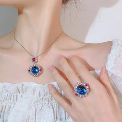 Oval Flower Red Blue Gemstone Silver Cubic Zirconia Anti Tarnish Pendant Chain Ring Set For Women