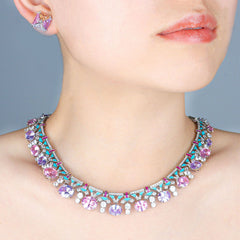 Luxury Silver Tone Pink Purple White CZ Copper Necklace Earring Set