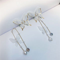 Fairy 18K Gold Long Butterfly White Pearl Anti Tarnish Necklace Earrings Set For Women